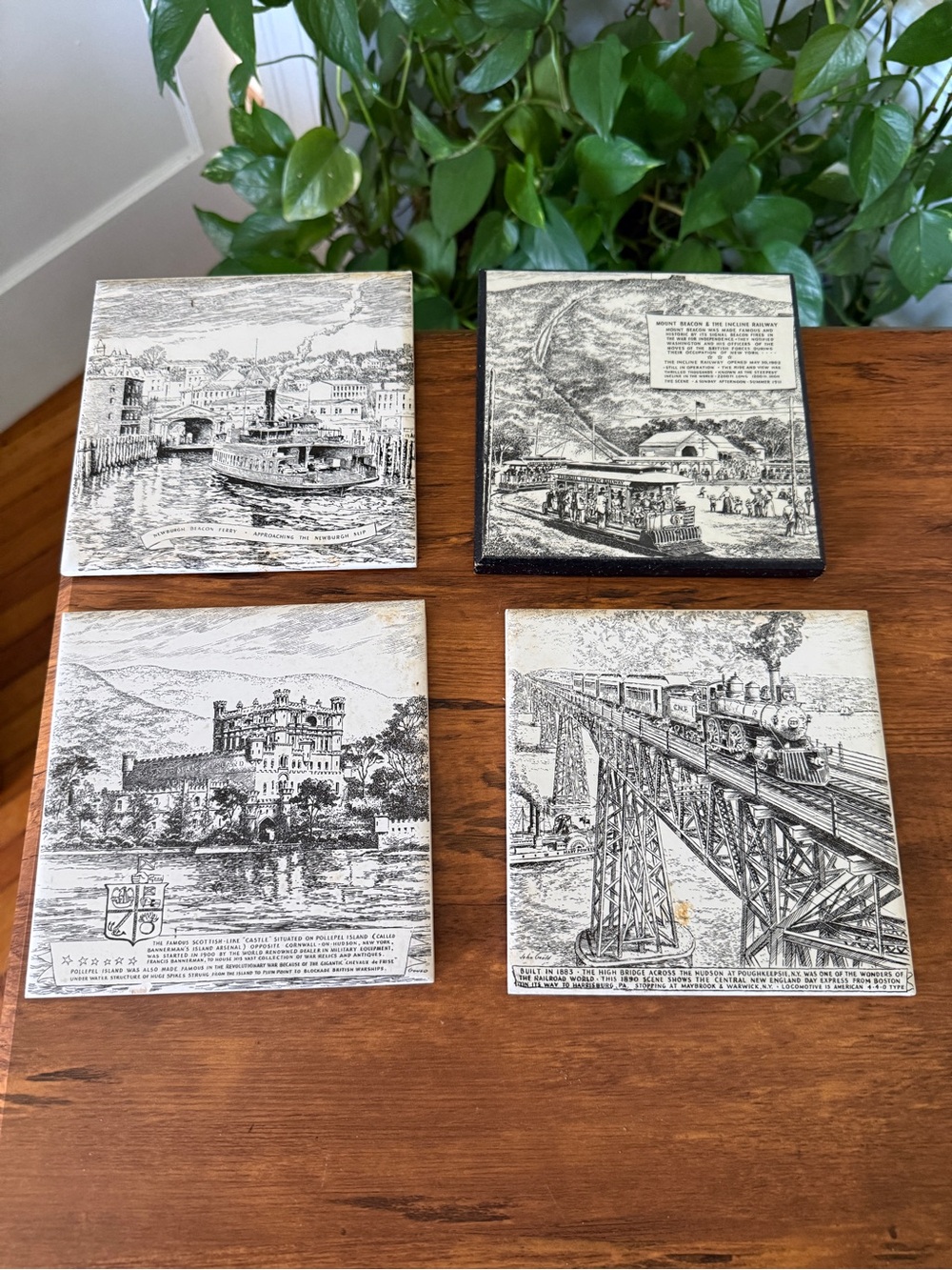 Set of 4 Black & White Vintage Transportation Art Tiles Hudson Valley NEW YORK